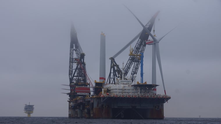 SSCV Thialf installing first wind turbine using RNA method for Parkwind at the Arcadis Ost 1 offshore wind farm.